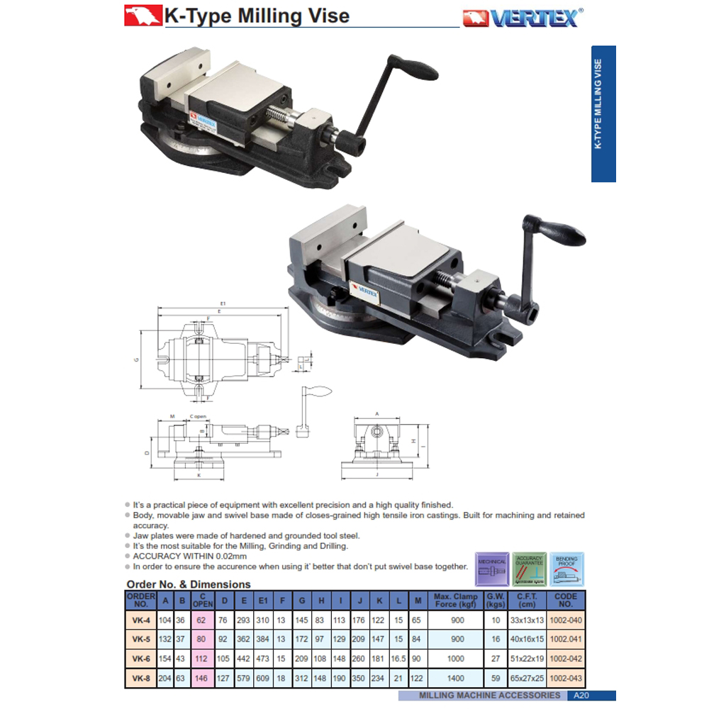 VERTEX VK5 KType Milling vise 5" fnengineering