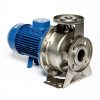 Blue electric motor attached to a stainless steel centrifugal pump with mounting feet and inlet/outlet flanges (industrial pump)