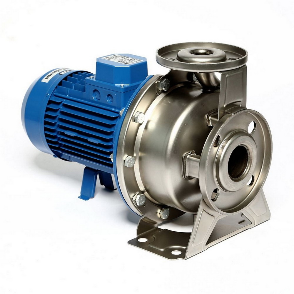 EBARA 3M-E 32-160-2-2M (IE2) ปั๊มน้ำแสตนเลส 3HP 220V_2 Blue electric motor attached to a stainless steel centrifugal pump with mounting feet and inlet/outlet flanges (industrial pump)