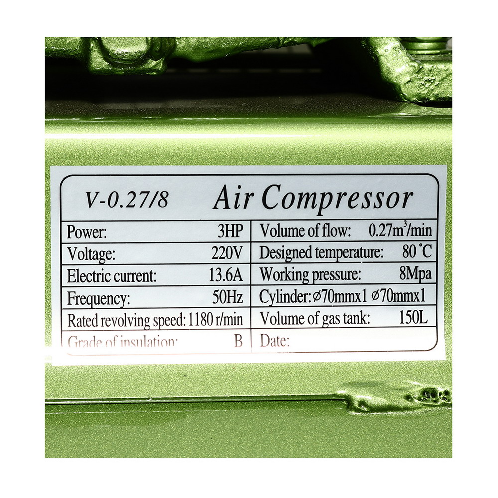 HECTO V-0-27-8 ปั๊มลมสายพาน 2 หัว มอเตอร์ 3HP 220V ถัง 150 ลิตร แรงดันลม 8 บาร์_5