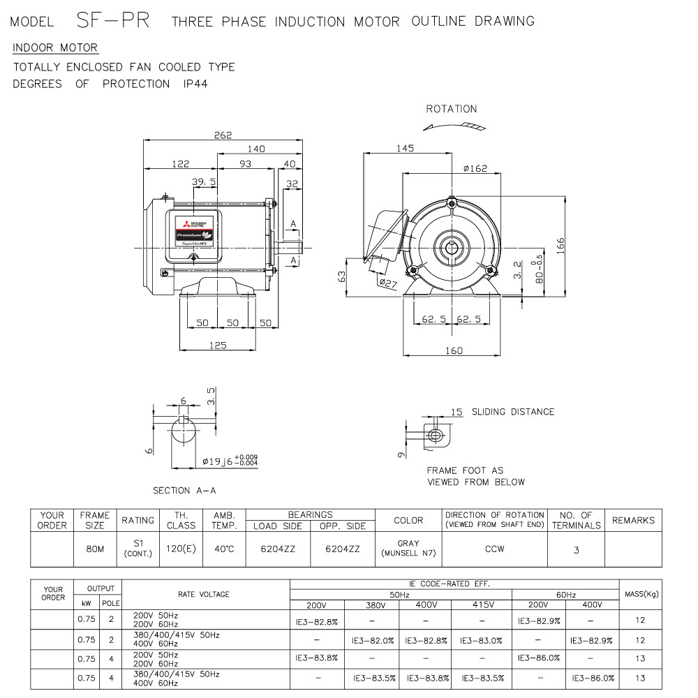 MITSUBISHI SF-PR 0-75kW 4P มอเตอร์ขาตั้ง 1HP 3 เฟส 380V 4Pole IP44 มาตรฐาน IE3_01