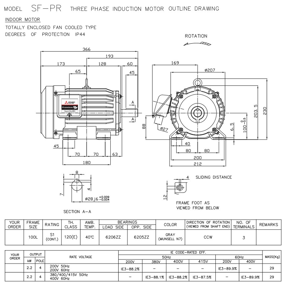 MITSUBISHI SF-PR 2-2kW 4P IP44 มอเตอร์ขาตั้ง 3HP 3 เฟส 380V 4Pole IP44 มาตรฐาน IE3_01