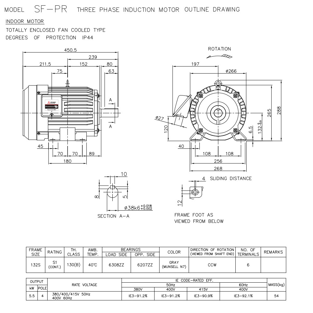 MITSUBISHI SF-PR 5-5kW 4P มอเตอร์ขาตั้ง 7-5HP 380V 4P IE3_01