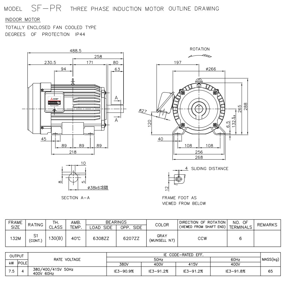 MITSUBISHI SF-PR 7-5kW 4P มอเตอร์ขาตั้ง 10HP 3 เฟส 380V 4Pole IP44 มาตรฐาน IE3