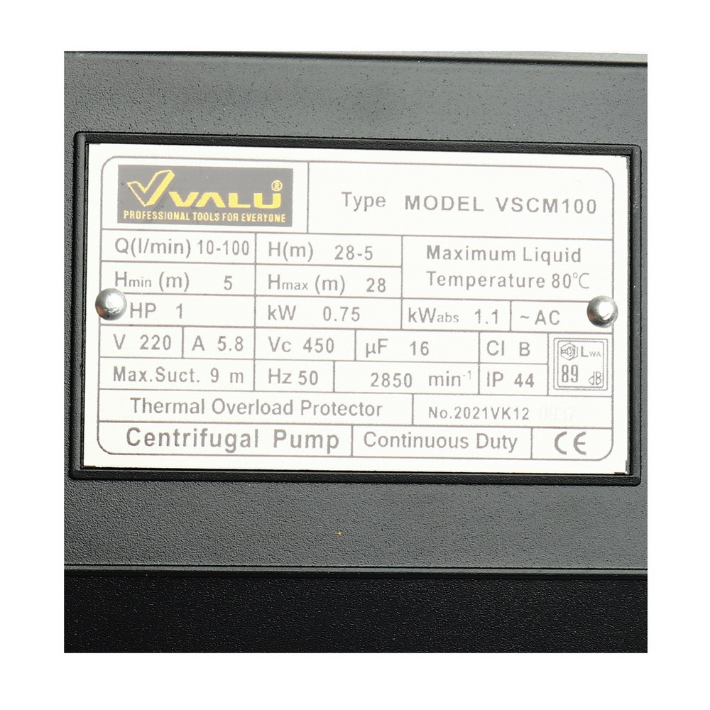 VALU VSCM100 ปั๊มหอยโข่ง 1HP ท่อส่ง 1 นิ้ว อัตราการไหล 100 ลิตร-นาที ส่งสูง 28 เมตร_4