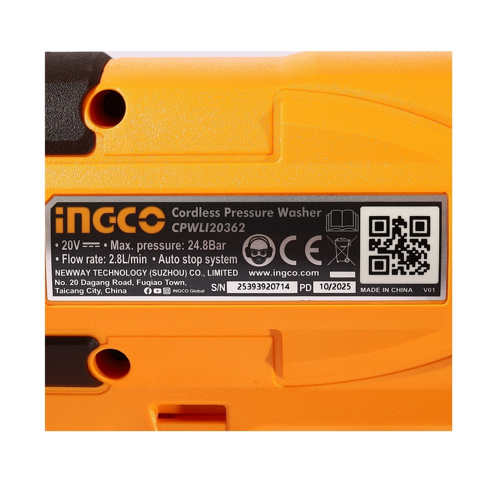 INGCO CPWLI20362 ปืนฉีดน้ำแรงดันสูงไร้สาย 20V 24-8 บาร์ ระบบหยุดอัตโนมัติ_3