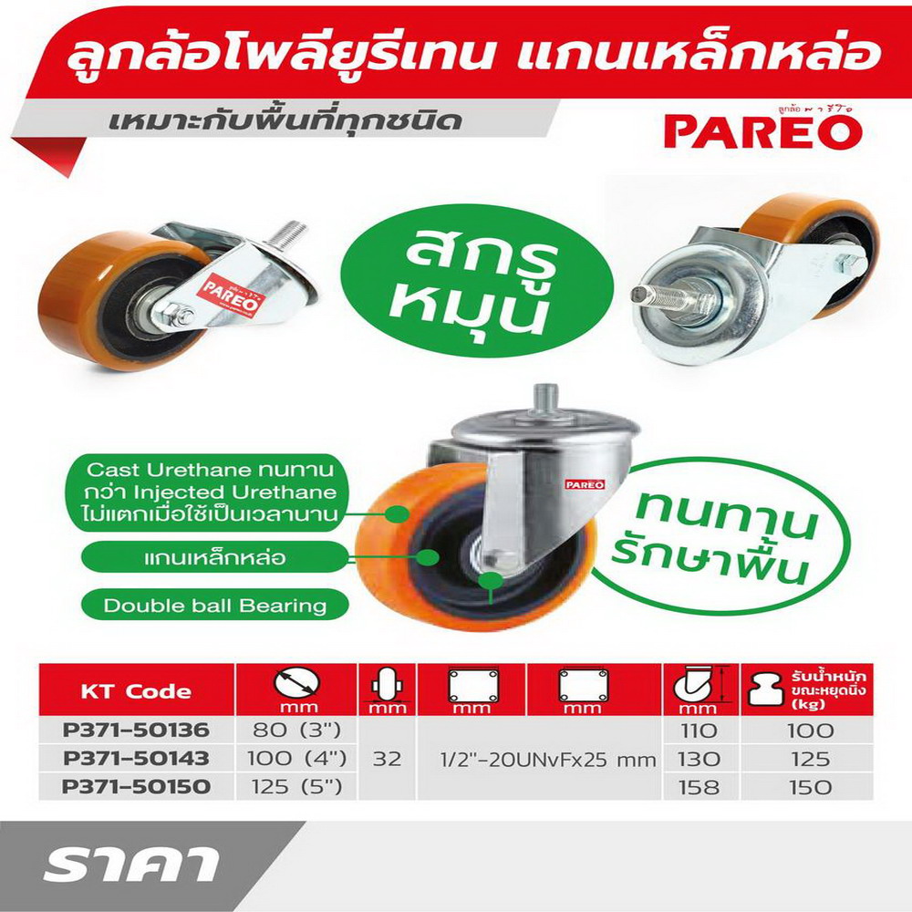 PAREO ลูกล้อโพลียูรีเทน สกรูหมุน ขนาด 80MM รับน้ำหนักได้ 100 KG_3