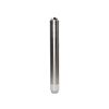 Vertical stainless steel submersible water pump with a white plastic bottom cap, shown upright as a single cylinder piece