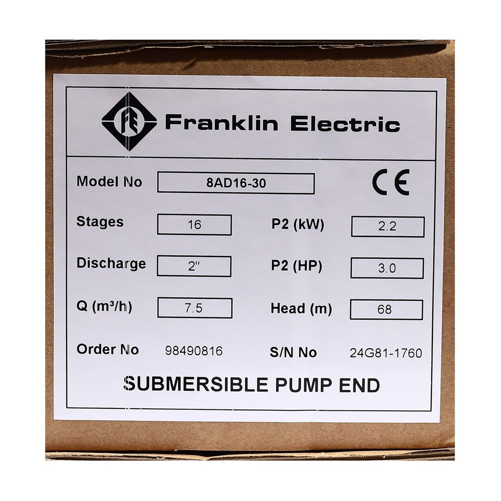 FRANKLIN 8AD16-30 เฉพาะหัวปั๊มบาดาล 4 นิ้ว 3HP 16 ใบพัด ท่อ 2 นิ้ว_2